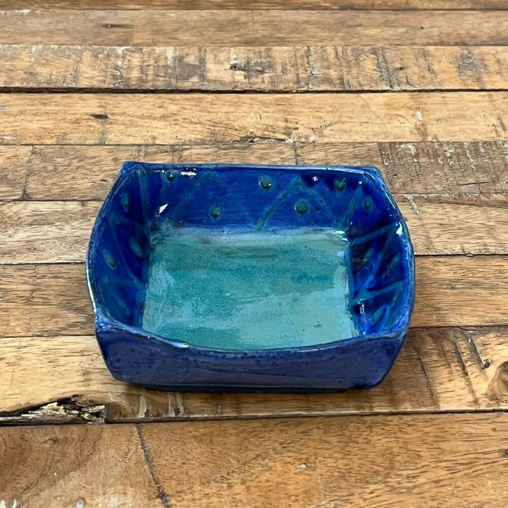 Earthworks Barbados Studio Art Pottery Square Bowl 5" Blue Tones Glaze Finish